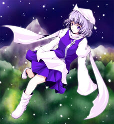  blue_eyes blue_hair boots breasts cofi_(eternal) commentary_request dress female large_breasts letty_whiterock photoshop_(medium) pleated_skirt scarf skirt snow solo touhou 