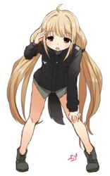  blonde_hair brown_eyes commentary_request cosplay erica_hartmann erica_hartmann_(cosplay) female futaba_anzu idolmaster idolmaster_cinderella_girls long_hair low-tied_long_hair military military_uniform no_pants shift_(waage) signature solo strike_witches twintails uniform very_long_hair world_witches_series 