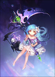  bare_legs bare_shoulders benya_(tales_weaver) blue_hair caesty commentary_request crystal dress female flat_chest flower hair_flower hair_ornament huge_weapon long_hair off-shoulder_dress off_shoulder photoshop_(medium) red_eyes scythe solo_focus tales_weaver watermark weapon web_address 