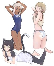  1boy 2girls androgynous animal_ears bikini black_hair blonde_hair body_fur breasts cat_ears cat_girl cat_tail covered_navel cropped_legs dark-skinned_male dark_elf dark_skin dress dungeon_meshi elf falin_touden falin_touden_(tallman) full_body highres izutsumi kneeling korean_text looking_at_viewer lying mchi125 multiple_girls on_stomach otoko_no_ko pointy_ears purple_eyes school_swimsuit short_bangs short_hair simple_background sleeveless small_breasts string_bikini swimsuit tail tank_top thistle_(dungeon_meshi) wavy_hair wet white_background white_dress yellow_eyes 