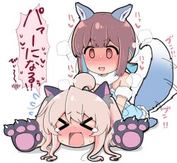  &gt;_&lt; 2girls :d ahoge animal_ear_fluff animal_ears animal_hands blue_hair blunt_bangs blunt_ends blush brown_eyes brown_hair claws commentary d: drooling dx flying_sweatdrops gloves heart highres hiro_(05112423) hozuki_momiji long_hair multicolored_hair multiple_girls nose_blush official_alternate_costume onii-chan_wa_oshimai! open_mouth oyama_mahiro paw_gloves pink_hair pinned puff_of_air short_hair short_ponytail simple_background smile spoken_heart spoken_sweatdrop sweat sweatdrop tail tail_wagging tearing_up translated twintails two-tone_hair white_background yuri 