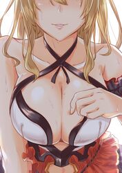  bare_shoulders blonde_hair blush breasts cleavage collarbone commentary_request criss-cross_halter dress facing_viewer female gachou granblue_fantasy halterneck head_out_of_frame large_breasts leaning_forward long_hair official_alternate_costume parted_lips presenting sidelocks smile solo swimsuit upper_body vira_(granblue_fantasy) vira_(summer)_(granblue_fantasy) white_background 