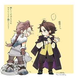  1boy animal bad_id bad_twitter_id blonde_hair braid brown_hair cape chibi closed_eyes cyrus_albright female fur_collar fur_trim gloves h&#039;aanit_(octopath_traveler) jewelry linde_(octopath_traveler) long_hair lowres octopath_traveler octopath_traveler_i open_mouth ponytail seroryu short_hair simple_background single_braid snow_leopard translation_request 