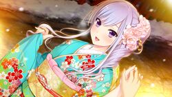  blush female floral_print flower gin&#039;iro_haruka hair_flower hair_ornament holding_hands japanese_clothes kimono kisaragi_mizuha koizumi_amane light_purple_hair long_sleeves looking_at_viewer obi open_mouth out_of_frame pov pov_hands purple_eyes sash smile snow solo_focus 