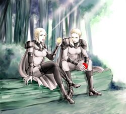  2girls apple armor blonde_hair blue_eyes bodysuit boots bush cape claymore_(series) commentary_request crossed_legs deneve food forest fruit helen_(claymore) highres multiple_girls nature open_mouth pauldrons short_hair shoulder_armor sitting sitting_on_object tazan 