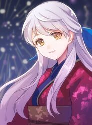  commentary_request female fire_emblem fire_emblem:_radiant_dawn fire_emblem_heroes fireworks grey_hair japanese_clothes kimono kokouno_oyazi long_hair looking_at_viewer micaiah_(fire_emblem) micaiah_(hoshidan_summer)_(fire_emblem) night night_sky obi official_alternate_costume parted_lips sash sky smile solo upper_body yellow_eyes yukata 