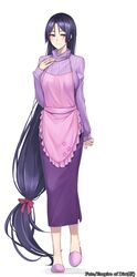  absurdly_long_hair absurdres apron black_hair breasts casual fate/empire_of_dirt fate/grand_order fate_(series) full_body hand_on_own_chest highres large_breasts long_hair low-tied_long_hair minamoto_no_raikou_(fate/grand_order) original purple_eyes ribbed_sweater sandals shijiu_(adamhutt) smile solo standing sweater very_long_hair white_background 