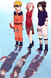  bike_shorts blonde_hair breasts different_reflection dress facial_mark forehead_protector goggles hatake_kakashi konohagakure_symbol mask multiple_boys multiple_girls naruto naruto_(series) ninja nohara_rin pink_hair reflection sakura_haruno sera_(serappi) short_hair spiked_hair team_7_(naruto) thighhighs third-party_source uchiha_obito uchiha_sasuke uzumaki_naruto whisker_markings 