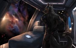  aaros anthro bare_back bed biped black_body black_fur black_nose canid canine canis clothed clothing detailed_background fluffy fluffy_tail fur furniture green_eyes hi_res inside male mammal muscular muscular_anthro muscular_male smile solo space standing tail wolf 