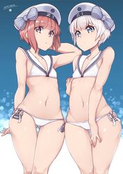  2girls anchor arm_behind_head arm_up ass_visible_through_thighs bare_arms bare_shoulders beret bikini blonde_hair blue_eyes bow character_name clothes_writing collarbone commentary_request cosplay covered_nipples cowboy_shot dated flat_chest gradient_background hand_on_own_chest hat hat_bow hat_ornament highres kantai_collection looking_at_viewer lowleg lowleg_bikini matching_outfits mku multiple_girls navel red_eyes red_hair sailor_bikini sailor_collar short_hair side-tie_bikini_bottom smiley_face standing stomach striped striped_bow swimsuit thigh_gap white_bikini white_hat white_sailor_collar z1_leberecht_maass_(kancolle) z3_max_schultz_(kancolle) z3_max_schultz_(kancolle)_(cosplay) z3_max_schultz_(swimsuit_mode)_(kancolle) 