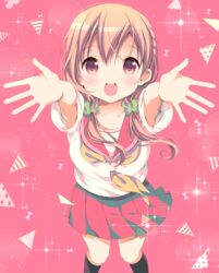  :d blush brown_eyes brown_hair carry_me commentary_request diffraction_spikes female hair_ornament hair_scrunchie highres hinako_note kneehighs looking_at_viewer march-bunny neckerchief open_mouth outstretched_arms pink_background pleated_skirt reaching reaching_towards_viewer sakuragi_hinako school_uniform scrunchie serafuku short_sleeves skirt smile socks solo sparkle twintails 