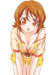  :o bra bra_peek breasts brown_eyes brown_hair brown_shirt cleavage collarbone female frilled_shorts frilled_sleeves frills happinesscharge_precure! head_tilt kikuchi_tsutomu lace lace-trimmed_bra lace_trim leaning_forward light_blush looking_at_viewer medium_breasts medium_hair off_shoulder oomori_yuuko open_mouth orange_bra photoshop_(medium) precure shirt short_shorts short_sleeves shorts simple_background solo standing thigh_gap thighs underwear white_background yellow_shorts 