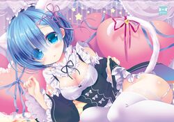  animal_ears aono_ribbon blue_eyes blue_hair breasts cat_ears cat_tail cleavage commentary_request detached_sleeves female garter_straps hair_over_one_eye heart kemonomimi_mode looking_at_viewer maid maid_headdress medium_breasts parted_lips re:zero_kara_hajimeru_isekai_seikatsu rem_(re:zero) roswaal_mansion_maid_uniform short_hair sitting solo tail thighhighs white_thighhighs 