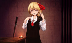  bad_id bad_pixiv_id blonde_hair candle cravat hair_ribbon highres indoors iron_bars knife long_sleeves looking_at_viewer matchbox open_mouth qls-san_(hawatari_30) red_eyes ribbon rumia short_hair skirt skirt_set skull solo stone_wall table touhou wall 