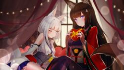  2girls absurdres amagi_(azur_lane) animal_ears azur_lane blue_eyes blunt_bangs blush box breasts brown_hair choker closed_mouth commentary english_commentary eyeshadow fox_ears fox_tail hair_ornament hakama hakama_short_skirt hakama_skirt heart heart-shaped_box highres indoors japanese_clothes kaga_(battleship)_(azur_lane) kimono large_breasts long_hair looking_at_viewer makeup multiple_girls purple_eyes revision septoleaf short_hair skirt tail thick_eyebrows valentine white_hair wide_sleeves 