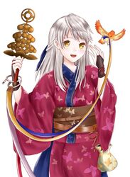  :d animal_print aplche bangle bell bird black_gloves blush bracelet butterfly_print commentary_request cowboy_shot female fingerless_gloves fire_emblem fire_emblem:_radiant_dawn fire_emblem_heroes gloves grey_hair hair_ribbon half_updo japanese_clothes jewelry jingle_bell kagura_suzu kimono long_hair micaiah_(fire_emblem) micaiah_(hoshidan_summer)_(fire_emblem) obi official_alternate_costume open_mouth ribbon sash simple_background smile solo upper_body white_background yellow_eyes yukata yune_(fire_emblem) 