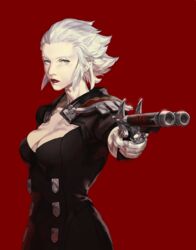  aiming breasts cleavage commentary double_barrels epaulettes eyelashes fajyobore female final_fantasy final_fantasy_xiv grey_eyes gun hair_slicked_back handgun lipstick makeup medium_breasts merlwyb_bloefhiswyn pale_skin red_background roegadyn short_hair weapon white_hair 