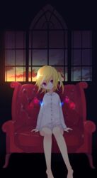  akimaki_yuu armchair arms_at_sides barefoot blonde_hair chair closed_mouth collared_shirt commentary_request female flandre_scarlet frilled_shirt_collar frills hair_between_eyes hair_ribbon highres indoors legs long_sleeves looking_at_viewer night_clothes ponytail red_eyes red_ribbon ribbon ribbon-trimmed_collar ribbon-trimmed_sleeves ribbon_trim shirt short_hair sitting solo sunset touhou white_shirt window 