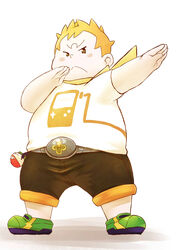  1boy belt blonde_hair brown_eyes chi_tiu commentary_request fat fat_man full_body highres male_focus pokemon pokemon_sm simple_background solo sophocles_(pokemon) standing white_background 