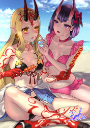  2girls :d beach bikini black_bikini blonde_hair blush breasts cleavage commentary_request day fangs fate/grand_order fate_(series) food food_on_face full-body_tattoo highres horns hot_dog ibaraki_douji_(fate) ibaraki_douji_(swimsuit_lancer)_(fate) ibaraki_douji_(swimsuit_lancer)_(first_ascension)_(fate) long_hair multiple_girls navel oni open_mouth outdoors pink_bikini pointy_ears purple_eyes purple_hair ryuki@maguro-ex short_hair shuten_douji_(fate) sitting skewer skin-covered_horns small_breasts smile sweatdrop swimsuit tattoo yellow_eyes 