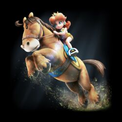  animal black_background blue_eyes breasts brown_hair closed_mouth crown earrings female flower_earrings full_body highres horse horseback_riding jewelry mario_(series) mario_sports_superstars official_alternate_costume official_art orange_shorts princess_daisy riding short_shorts shorts sleeveless smile sportswear tennis_daisy 