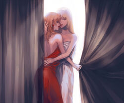  2girls back backless_dress backless_outfit bare_shoulders blonde_hair blue_eyes collarbone commentary_request curtain_grab curtains dress earrings half-closed_eyes hand_in_another&#039;s_hair hand_on_another&#039;s_back hand_on_another&#039;s_head jewelry kurosujuu lipstick long_hair looking_at_viewer looking_back luna_(sound_horizon) makeup multiple_girls nein_(album) parted_lips red_dress smile sound_horizon stella_(sound_horizon) strapless strapless_dress transparent white_dress yuri 