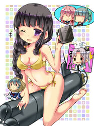  5girls akashi_(kancolle) akitsushima_(kancolle) bad_id bad_pixiv_id barefoot bikini black_hair braid breasts cleavage commentary_request fairy_(kancolle) kantai_collection kitakami_(kancolle) long_hair medium_breasts mini_person minigirl miss_cloud multiple_girls one_eye_closed purple_eyes single_braid submarine swimsuit type_a_kou-hyouteki watercraft yellow_bikini yoroi_nau yuubari_(kancolle) 