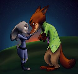  anthro barefoot bottomwear canid canine clothed clothing color_edit colored disney duo eye_contact feet female fox frava8 fully_clothed fur judy_hopps lagomorph leporid looking_at_another male mammal necktie nick_wilde outside pants rabbit red_fox shirt standing stormspike sunset third-party_edit topwear true_fox zootopia 