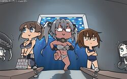  5girls abyssal_ship bikini blue_eyes brown_eyes brown_hair budget_sarashi chibi commentary_request crossed_arms dark-skinned_female dark_skin door fingerless_gloves full_body glasses gloves hamu_koutarou highres intrepid_(kancolle) kantai_collection kunihiko_moriguchi long_hair mitsukoshi_(department_store) multicolored_bikini multicolored_clothes multicolored_sarong multiple_girls musashi_(kancolle) musashi_kai_ni_(kancolle) partially_fingerless_gloves pointy_hair ponytail ru-class_battleship sarashi sarong school_swimsuit semi-rimless_eyewear short_hair swimsuit twintails two_side_up under-rim_eyewear wakaba_(kancolle) white_hair wo-class_aircraft_carrier 