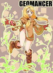  blonde_hair boots breasts commentary_request dress female final_fantasy final_fantasy_tactics geomancer_(fft) gloves groin long_hair looking_at_viewer no_panties open_mouth qontamblue smile solo twintails 