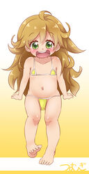  amaama_to_inazuma barefoot bikini blush eyebrows feet female female inuzuka_tsumugi kazuya_lolicon lolicon long_hair looking_at_viewer navel open_mouth orange_hair shiny shiny_hair shiny_skin solo swimsuit yellow_bikini 