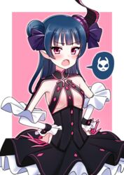  black_skirt blue_hair blush breasts circle_skirt commentary cosplay deadnooodles detached_sleeves elizabeth_bathory_(fate) elizabeth_bathory_(fate/extra_ccc) elizabeth_bathory_(fate/extra_ccc)_(cosplay) elizabeth_bathory_(first_ascension)_(fate) elizabeth_bathory_(first_ascension)_(fate)_(cosplay) fate/grand_order fate_(series) female hair_bun hair_ribbon hands_on_own_hips high-waist_skirt layered_skirt long_hair looking_at_viewer love_live! love_live!_sunshine!! medium_breasts oerba_yun_fang open_mouth pointy_ears purple_ribbon red_eyes ribbon sideboob single_hair_bun skirt solo standing symbol-only_commentary tsushima_yoshiko underboob 