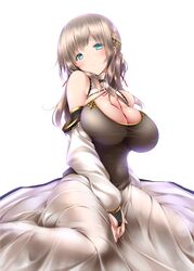  aqua_eyes bad_id bad_twitter_id bare_shoulders blush breasts bridal_gauntlets brown_hair elbow_gloves female fingerless_gloves gloves large_breasts long_hair looking_at_viewer midoriiro_no_shinzou original simple_background sitting solo wariza white_background 