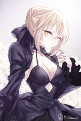  artoria_pendragon_(fate) bad_id bad_pixiv_id blonde_hair bow braid breasts choker cleavage closed_mouth clothing_cutout collarbone commentary_request detached_sleeves diamond_cutout dress fate/stay_night fate_(series) female flower french_braid hair_bun halterneck juliet_sleeves kamui_natsuki lily_(flower) long_sleeves medium_breasts midriff puffy_sleeves purple_bow purple_choker purple_dress saber_alter short_hair single_hair_bun solo twitter_username upper_body white_flower wide_sleeves yellow_eyes 