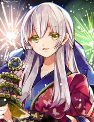  animal_print bad_id bad_twitter_id bell butterfly_print commentary_request female fire_emblem fire_emblem:_radiant_dawn fire_emblem_heroes fireworks grey_hair highres holding japanese_clothes jingle_bell kagura_suzu kimono long_hair micaiah_(fire_emblem) micaiah_(hoshidan_summer)_(fire_emblem) obi official_alternate_costume parted_lips sash solo twitter_username white_hair yellow_eyes yukata yuuri_(114916) 