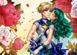  2girls bishoujo_senshi_sailor_moon blonde_hair blue_choker blue_sailor_collar blurry choker circlet closed_eyes commentary deep_aqua_mirror earrings english_commentary flower gloves green_hair jewelry kaiou_michiru kay-i kissing kissing_cheek magical_girl md5_mismatch multiple_girls outer_senshi petals purple_eyes ribbon rose rose_petals sailor_collar sailor_neptune sailor_senshi sailor_senshi_uniform sailor_uranus short_hair smile space_sword ten&#039;ou_haruka very_short_hair wavy_hair white_gloves yuri 