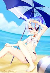  barefoot beach bikini blue_eyes blue_hair blush breasts commentary_request day eyepatch feet female flat_chest foot_out_of_frame highres long_hair looking_at_viewer navel open_mouth outdoors polearm short_hair simple_background smile solo swimsuit theory_(xenoblade) umbrella water weapon xenoblade_chronicles_(series) xenoblade_chronicles_2 yuyumi_(yuurei) 