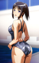  :d ass back back_cutout black_hair black_one-piece_swimsuit blurry breasts clothing_cutout competition_swimsuit cowboy_shot crotch_seam depth_of_field female from_behind highres looking_at_viewer looking_back medium_breasts monteriakitto one-piece_swimsuit open_mouth original ponytail pool poolside purple_eyes racerback shiny_clothes shiny_skin shoulder_blades sidelocks smile solo swimsuit water 