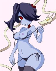  blue_skin breasts erect_nipples female hair_over_one_eye leviathan_(skullgirls) misaki_naoe nipples red_eyes skullgirls solo squigly_(skullgirls) stitched_mouth thighhighs underwear undressing zombie 