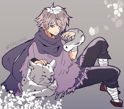  1boy animal bandages bracelet cloak commentary_request gloves hair_over_one_eye highres jewelry kiriya_(552260) linde_(octopath_traveler) male_focus octopath_traveler octopath_traveler_i scarf short_hair simple_background smile snow_leopard therion_(octopath_traveler) 