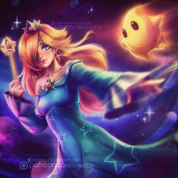  alexandra_mae banned_artist bare_shoulders blonde_hair blue_dress blue_eyes chiko_(mario) chromatic_aberration crown dress earrings foreshortening hair_over_one_eye jewelry long_hair mario_(series) motion_blur rosetta_(mario) sky sparkle star star_(sky) starry_sky strapless strapless_dress super_mario_bros. super_mario_galaxy wand watermark web_address 