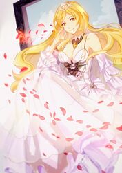  angelia_carlos bad_id bad_pixiv_id blonde_hair breasts cleavage detached_sleeves dress female highres long_hair looking_at_viewer medium_breasts petals sdorica solo tiara very_long_hair white_dress yawai_tofu yellow_eyes 