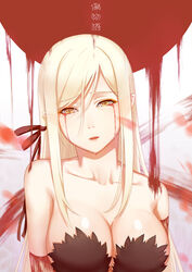  bad_id bad_pixiv_id bare_shoulders blood blood_from_eyes breasts cleavage collarbone crying crying_with_eyes_open female highres kiss-shot_acerola-orion_heart-under-blade kizumonogatari long_hair medium_breasts monogatari_(series) oshino_shinobu pointy_ears solo tears translation_request yellow_eyes yizhirenben 