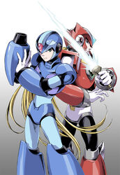  2boys android arm_cannon armor back-to-back beam_saber blonde_hair blue_eyes commentary_request energy_blade fujino_yuuki gloves green_eyes helmet highres holding holding_weapon long_hair male_focus mega_man_(series) mega_man_x_(series) millipen_(medium) multiple_boys photoshop_(medium) ponytail power_armor smile standing traditional_media very_long_hair weapon white_gloves x_(mega_man) z_saber zero_(mega_man) 