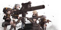  4girls anti-tank_missile assault_rifle bare_shoulders bgm-71_(girls&#039;_frontline) binoculars breasts brick_wall broken_wall cable cleavage cleavage_cutout clothing_cutout girls&#039;_frontline gloves gun headset highres holding holding_gun holding_weapon knee_pads m4_carbine military_operator missile multiple_girls official_art reloading rifle shorts socks tactical_clothes terras tow_atgm tripod twintails weapon 