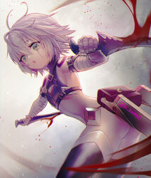  ass bad_id bad_pixiv_id bandaged_arm bandages bare_shoulders belt belt_buckle black_belt black_thighhighs blood blood_on_weapon breasts buckle cleavage cleavage_cutout clothing_cutout commentary_request crescent dual_wielding fate/apocrypha fate_(series) female green_eyes hair_between_eyes holding holding_knife jack_the_ripper_(fate/apocrypha) kamui_natsuki knife open_mouth pouch scar scar_across_eye scar_on_face sheath short_hair shoulder_tattoo small_breasts solo stitches tattoo thighhighs turtleneck twitter_username weapon white_hair 