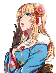  alternate_costume blonde_hair blue_eyes blue_kimono brown_gloves commentary_request evelysse_(star_ocean) female flower gloves hair_flower hair_ornament highres japanese_clothes kimono long_hair looking_at_viewer nagioka new_year open_mouth solo star_ocean star_ocean_anamnesis upper_body 