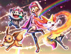  ambiguous_gender anthro bear blue_eyes braixen brown_body brown_fur canid canine clothed clothing eevee female feral fur generation_1_pokemon generation_6_pokemon gonzarez1938 group hi_res human human_focus inner_ear_fluff mammal nintendo not_furry_focus open_mouth pancham pokemon pokemon_(species) pokemon_trainer serena_(pokemon) tuft 