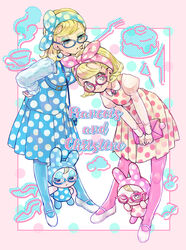  2girls animal_crossing arm_rest bag bandana bent_over blonde_hair blue-framed_eyewear blue_dress blue_legwear border bukiyama character_name chrissy_(animal_crossing) commentary_request creature_and_personification dress dual_persona ear_piercing eyeshadow francine_(animal_crossing) full_body glasses hand_on_another&#039;s_head handbag humanization juliet_sleeves long_sleeves makeup mary_janes multiple_girls pantyhose piercing pink-framed_eyewear pink_border polka_dot polka_dot_dress puffy_sleeves rabbit shoes short_hair smile white_footwear 