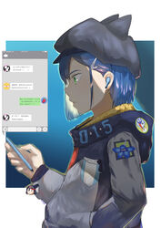  absurdres artist_name bad_id bad_pixiv_id blue_flower blue_hair blue_hat bob_cut cameo cellphone character_doll character_name charm_(object) chinese_commentary chinese_text commentary_request company_connection darling_in_the_franxx delphinium_(darling_in_the_franxx) drill earbuds earphones female flower from_side frown gorou_(darling_in_the_franxx) gradient_background green_eyes hair_behind_ear hair_ornament hair_pulled_back hair_strand hairclip hand_in_pocket hat hat_with_ears highres hiro_(darling_in_the_franxx) holding holding_phone hood hood_down hoodie ichigo_(darling_in_the_franxx) kill_la_kill liang_(d.r.) looking_at_screen matoi_ryuuko multicolored_clothes multicolored_hoodie phone photoshop_(medium) profile shaded_face short_hair simple_background solo standing text_messaging translated trigger_(company) visor 